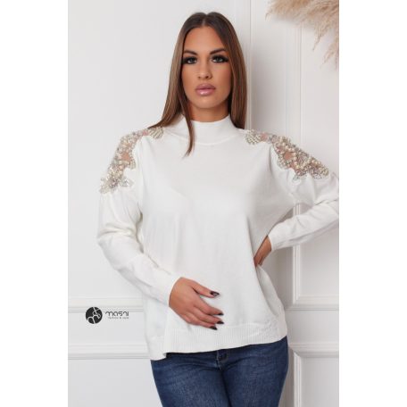 Gyöngyös vállú kötött pulcsi fehér