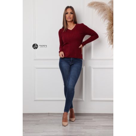 V nyakú bordás kötött felső bordó