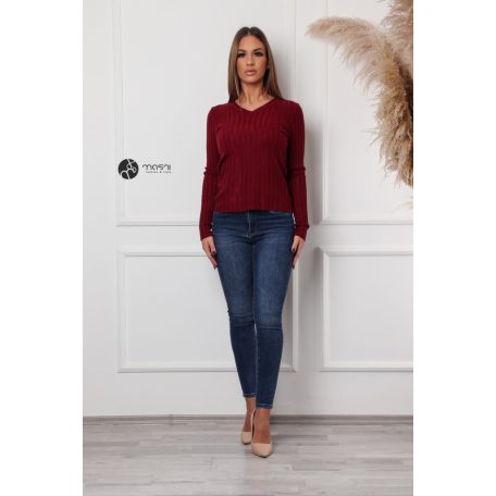 V nyakú bordás kötött felső bordó