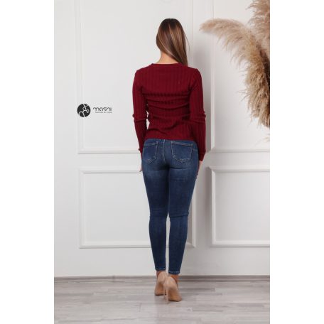 V nyakú bordás kötött felső bordó