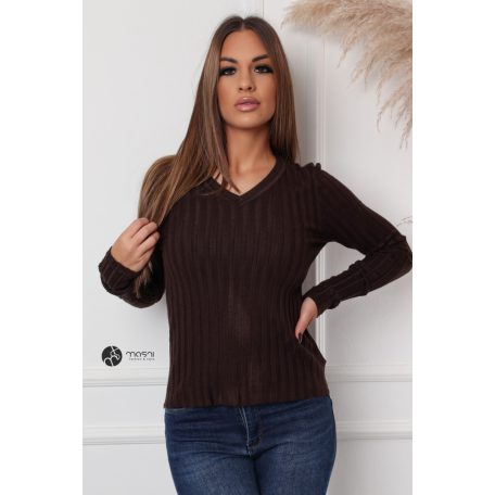 V nyakú bordás kötött felső csokibarna