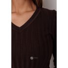 V nyakú bordás kötött felső csokibarna