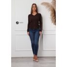 V nyakú bordás kötött felső csokibarna