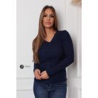 V nyakú bordás kötött felső sötétkék