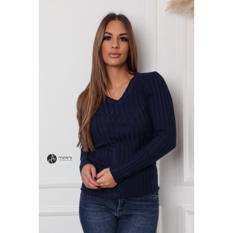 V nyakú bordás kötött felső sötétkék