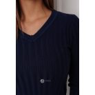 V nyakú bordás kötött felső sötétkék