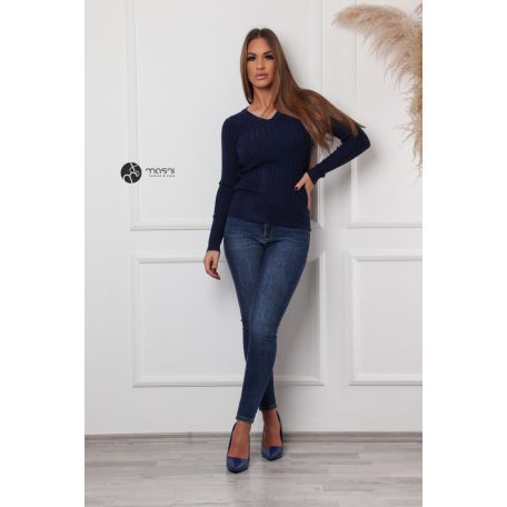 V nyakú bordás kötött felső sötétkék