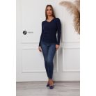 V nyakú bordás kötött felső sötétkék