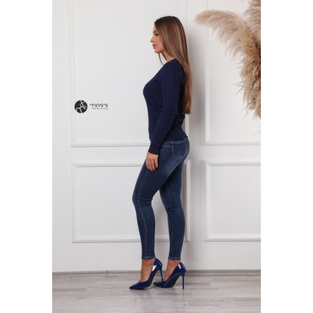 V nyakú bordás kötött felső sötétkék