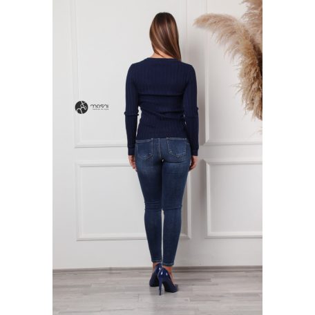 V nyakú bordás kötött felső sötétkék