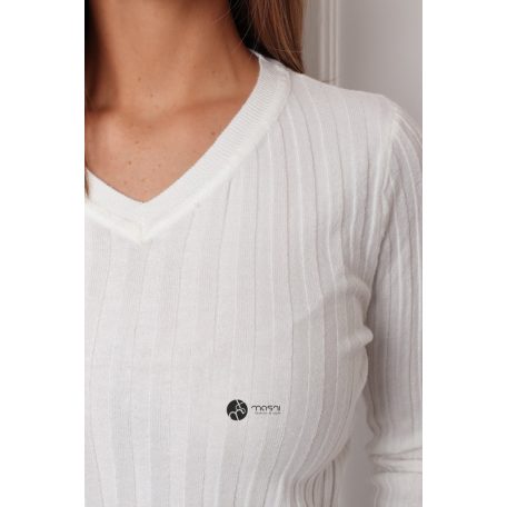 V nyakú bordás kötött felső fehér