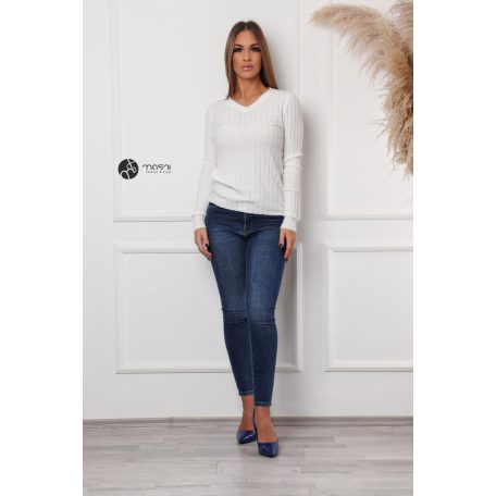 V nyakú bordás kötött felső fehér