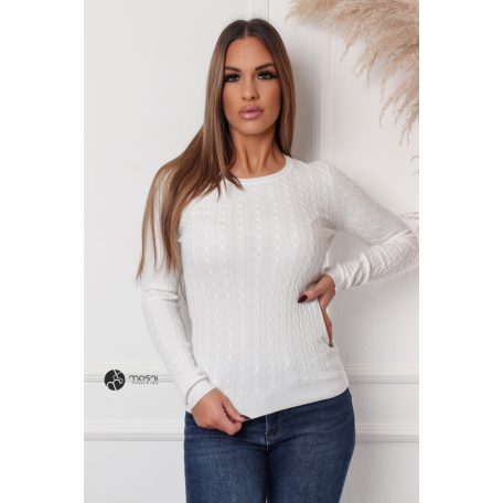 Kerek nyakú fonott mintás kötött felső fehér