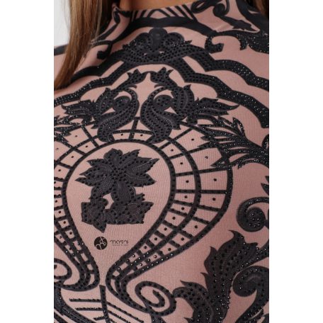 Csipke mintás, kövezett alakkövető ruha nude/fekete