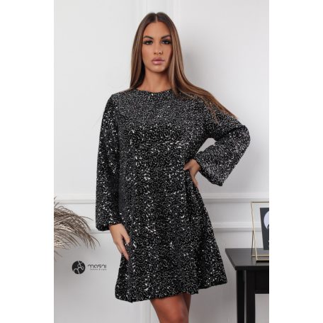 Hátán szatén masnis flitteres oversize ruha fekete/ezüst