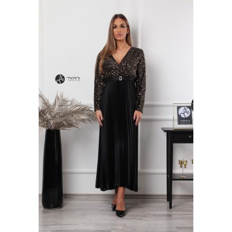 Flitteres felsőrészes, pliszíros szoknyás maxi ruha arany/fekete