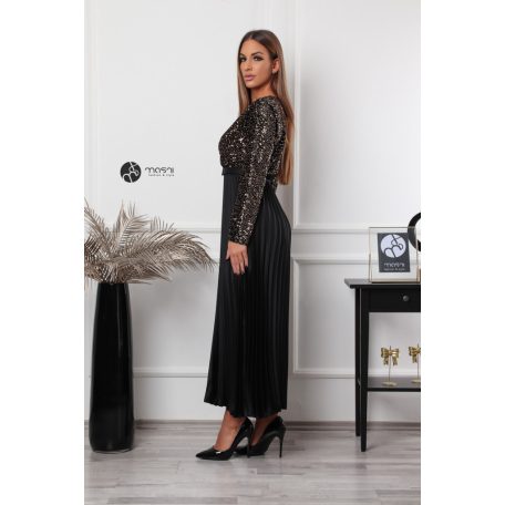 Flitteres felsőrészes, pliszíros szoknyás maxi ruha arany/fekete