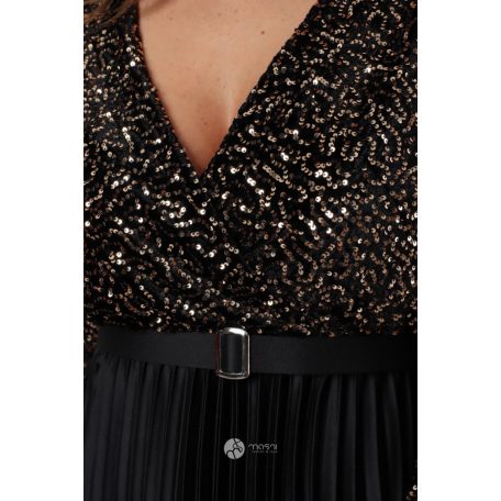 Flitteres felsőrészes, pliszíros szoknyás maxi ruha arany/fekete