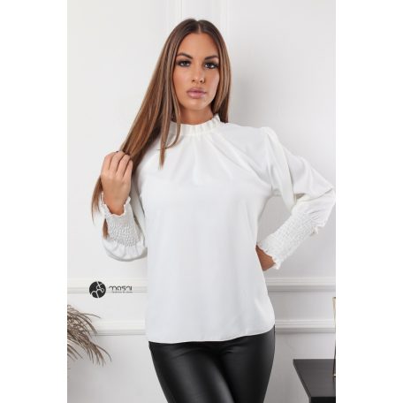 Magas rakott nyakú, hosszú ujjú, egyszínű felső fehér