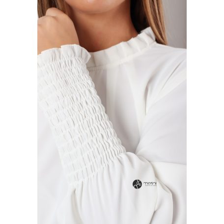 Magas rakott nyakú, hosszú ujjú, egyszínű felső fehér