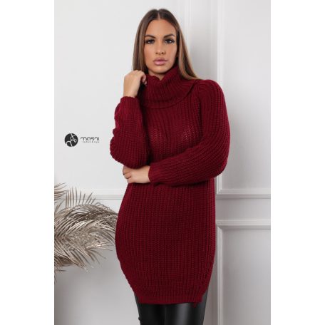 Garbós nyakú kétoldalt sliccelt kötött pulcsiruha burgundy