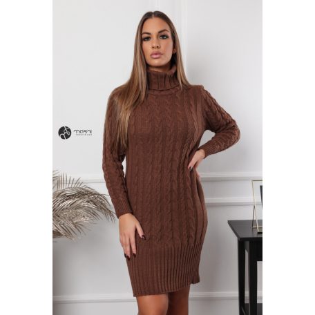 Garbós nyakú fonott mintás kötött pulcsiruha csokibarna