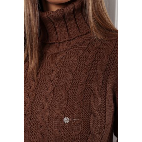 Garbós nyakú fonott mintás kötött pulcsiruha csokibarna