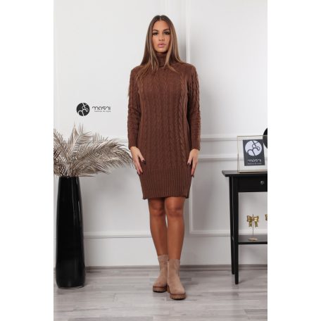Garbós nyakú fonott mintás kötött pulcsiruha csokibarna