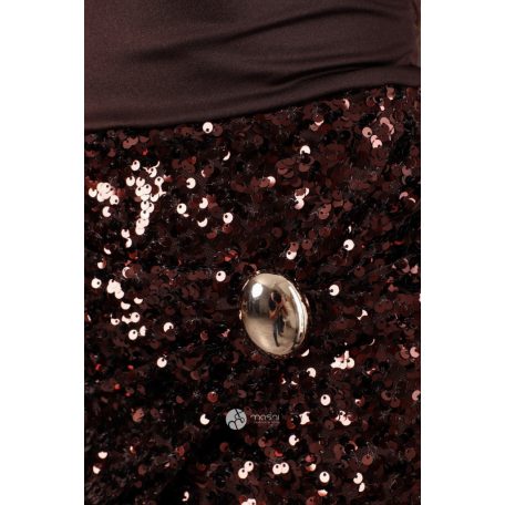 Flitteres szoknyás, nyakbakötös miniruha barna