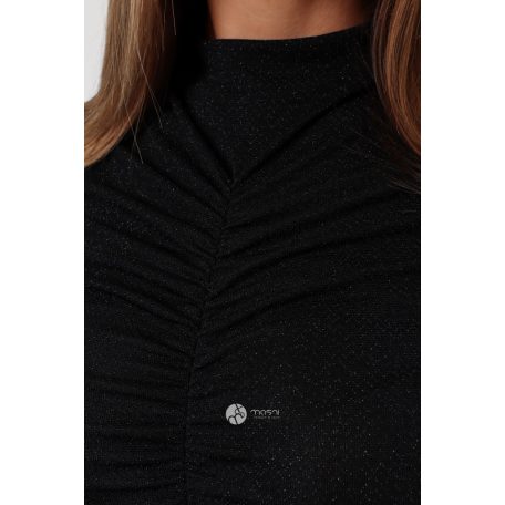 Elöl-hátul és oldalt húzott, magas nyakú miniruha csillogó fekete