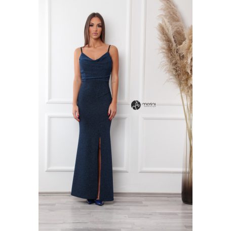 Mellnél ráncolt csillogó maxi ruha sötétkék