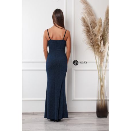 Mellnél ráncolt csillogó maxi ruha sötétkék