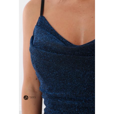 Mellnél ráncolt csillogó maxi ruha sötétkék